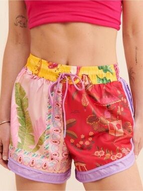 Farm Rio Mixed Scarves Patchwork Athletic Shorts - Pink/Red